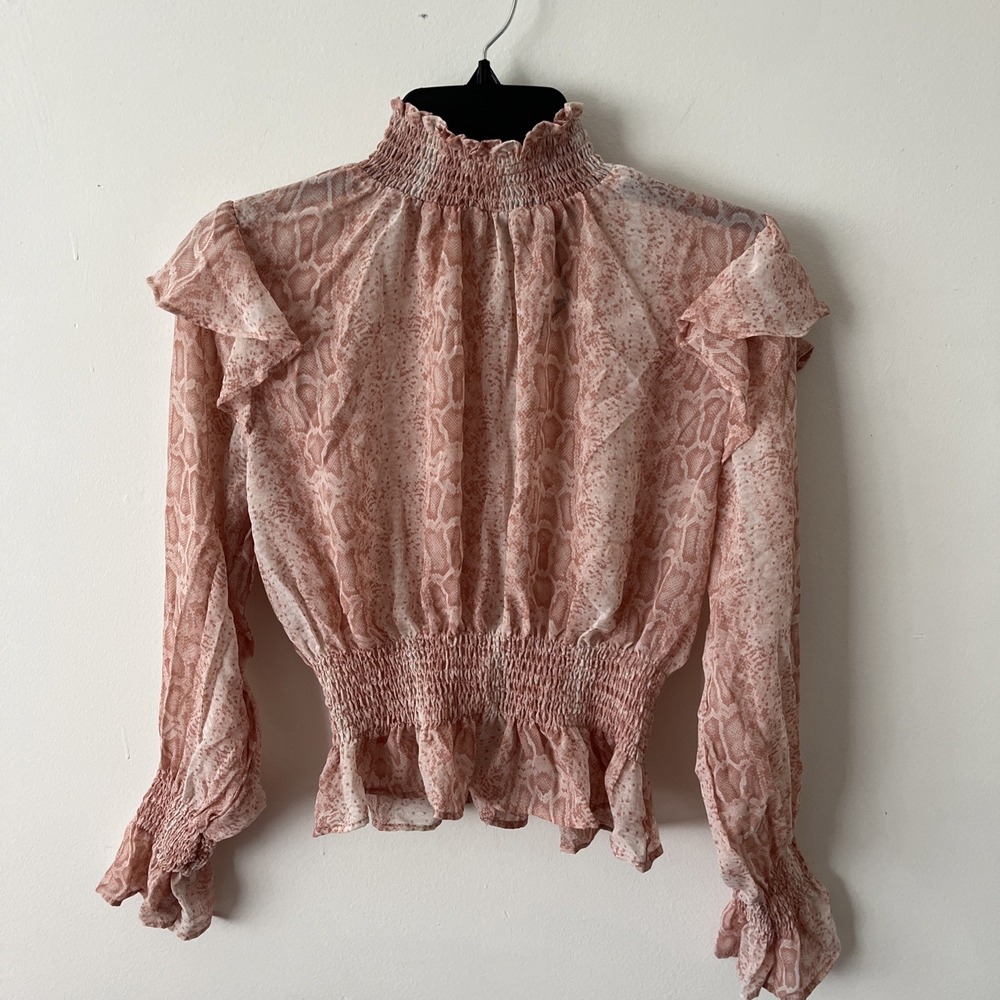 Women's Sheer Pink Snakeskin Print Crop Blouse XL Boho Chic Romantic Edgy Glam